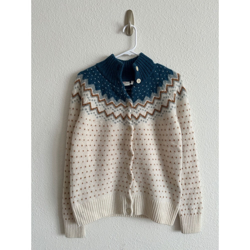 Fjallraven Cream Blue 100% Wool Fair Isle Ovik Cardigan Sweater Cabincore Cozy L